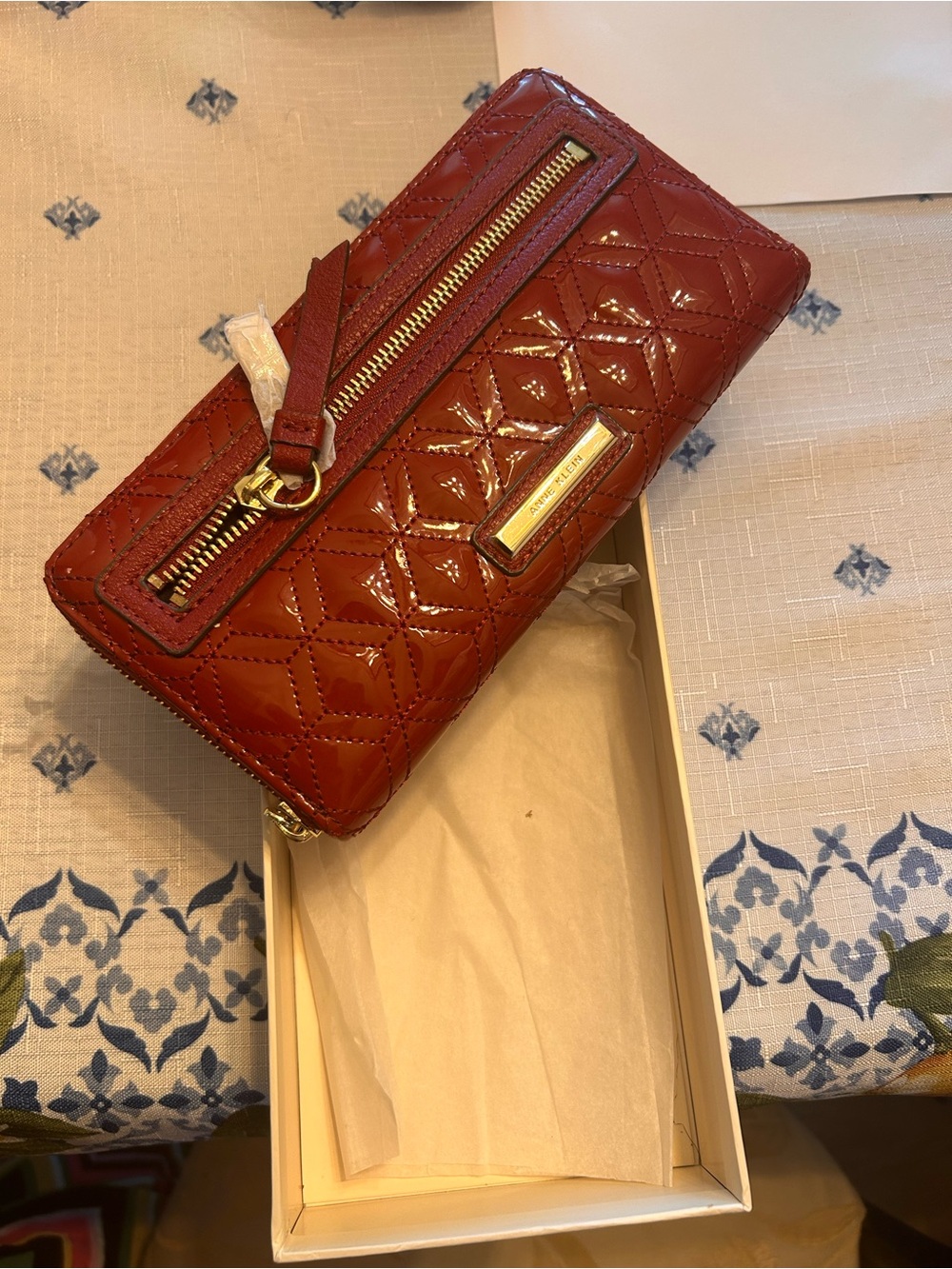 Patent Quilted Zip Around Wallet - Red